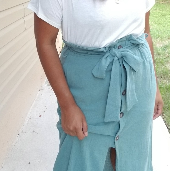 GREEN PAPERBAG BUTTON DOWN MIDI SKIRT - Picture 4 of 6